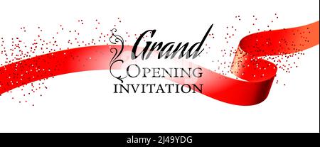 Grand opening white invitation card design with red ribbon and confetti. Festive template can be used for banners, flyers, posters. Stock Vector