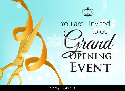 Grand opening event lettering with golden scissors and ribbon. Creative invitation on blue background. Illustration with lettering can be used for inv Stock Vector
