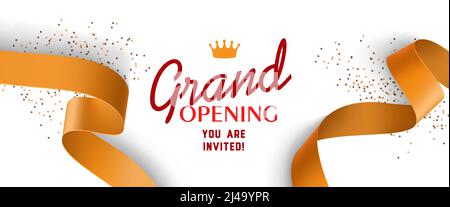 Grand opening invitation design with gold ribbons, crown and confetti. Festive template can be used for banners, flyers, posters. Stock Vector