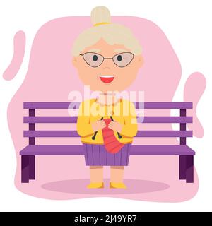 Grandmother knits sitting on a bench. Elderly people Stock Vector