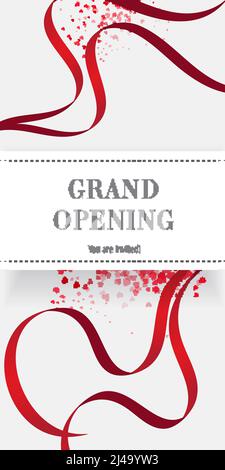 Grand opening you are invited flyer design with red ribbons and heart shaped confetti. Festive template can be used for invitations, banners, posters. Stock Vector