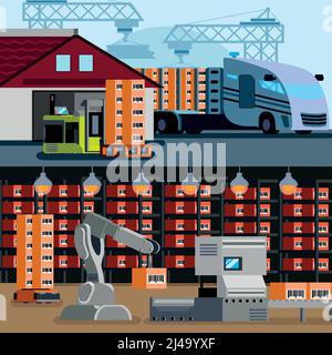 Automated warehouse with robots and storage equipment flat design ...