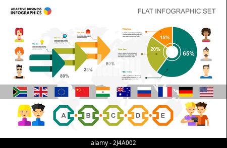 International relations percentage and pie chart template for presentation. Business data visualization. Communication, research or statistics creativ Stock Vector