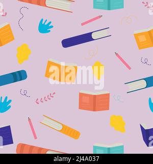 Book seamless vector pattern. Open book, blue book Stock Vector