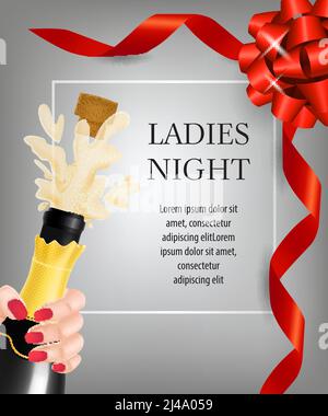 Ladies night lettering and champagne bottle explosion. Party invitation design. Typed text, calligraphy. For leaflets, brochures, invitations, posters Stock Vector