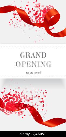 Grand opening, you are invited vertical banner design with red ribbons and heart shaped confetti. Festive template can be used for invitations, signs, Stock Vector