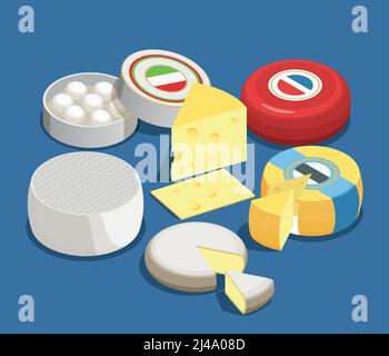 Cheese assortment isometric design concept set of mozzarella maasdam brie and other sorts of cheese vector illustration Stock Vector