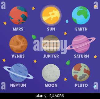 Different types of planets in the solar system. Space. Flat vector illustration Stock Vector