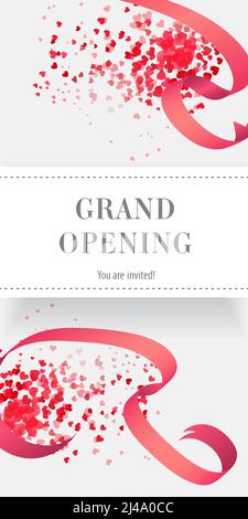 Grand opening you are invited vertical banner design with red ribbons and heart shaped confetti. Festive template can be used for invitations, flyers, Stock Vector