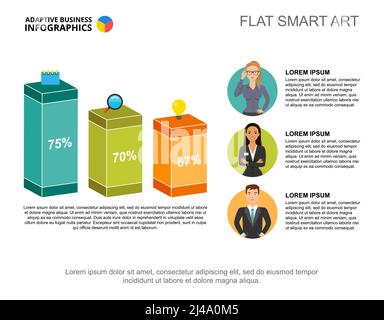 Three columns bar chart template for presentation. Business data visualization. Review, management, analysis or marketing creative concept for infogra Stock Vector