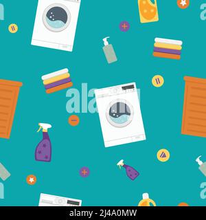 Seamless pattern. Washing machine, laundry basket, towels, detergents, washing powder, soap Stock Vector
