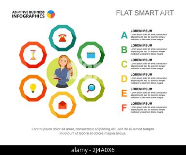 Six points list process chart template for presentation. Business data visualization. Company, work, strategy, planning or marketing creative concept Stock Vector