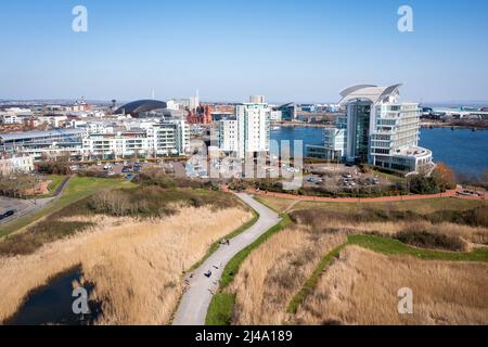 Aerial view of Cardiff Bay, the Capital of Wales, United Kingdom 2022 on a clear sky spring day Stock Photo