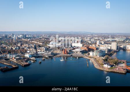 Aerial view of Cardiff Bay, the Capital of Wales, United Kingdom 2022 on a clear sky spring day Stock Photo