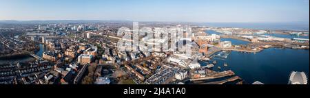 Aerial view of Cardiff Bay, the Capital of Wales, United Kingdom 2022 on a clear sky spring day Stock Photo