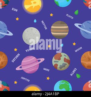 Different types of planets in the solar system. Space seamless pattern Stock Vector