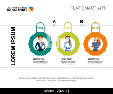 Three options percentage chart template for presentation. Business data. Abstract elements of diagram, graphic. Progress, economy, management or stati Stock Vector