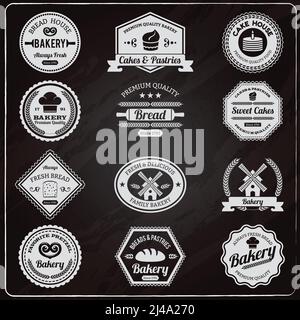 Vintage design premium quality family bakery chalkboard fresh bread emblems labels collection outline abstract isolated vector illustration Stock Vector