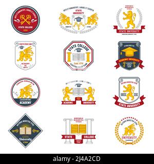 University labels colored set with heraldic animals and decorative frames isolated vector illustration Stock Vector