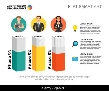 Three phases work percentage chart template for presentation. Business data visualization. Work, teamwork, research or marketing creative concept for Stock Vector