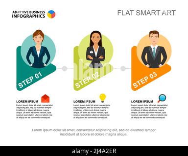 Three steps process chart template for presentation. Business data visualization. Strategy, management, production or marketing creative concept for i Stock Vector