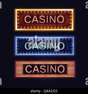 Vector set of yellow, blue, orange illuminated casino signboards for poster, flyer, billboard, web sites and gambling club isolated on black backgroun Stock Vector