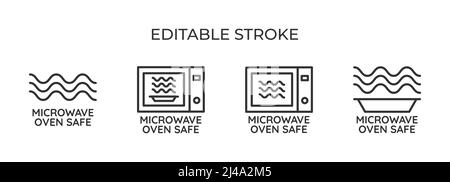 Microwave safe. For packaging or labeling, the suitability of the cookware for heating and cooking. Set of linear icons. Vector illustration. Stock Vector