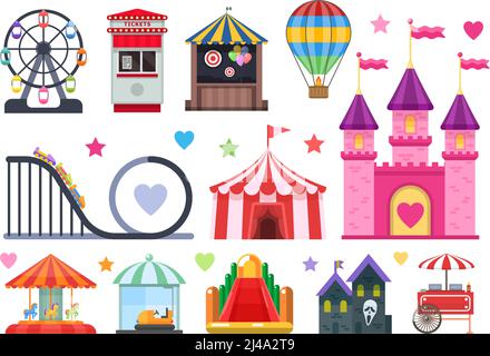 Amusement park colorful objects set with extreme and inflatable attractions circus tent street food isolated vector illusration Stock Vector