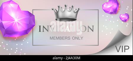 VIP invitation, members only lettering with diamond hearts and crown. Party invitation design. Typed text, calligraphy. For leaflets, labels, invitati Stock Vector