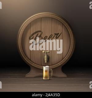 Vector old wooden barrel on rack with bronze stopcock and glass mug of beer front view isolated on background Stock Vector