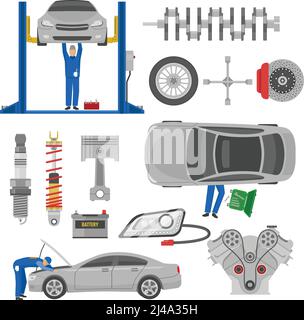Car service decorative elements set with working mechanics auto spare parts hoist tools isolated vector illustration Stock Vector