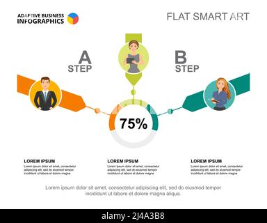 Two steps percentage chart template for presentation. Business data. Abstract elements of diagram, graphic. Entrepreneurship, management, marketing or Stock Vector