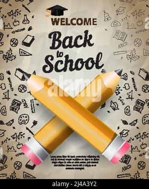 Welcome, back to school lettering with graduation cap silhouette and crossed pencils. Offer advertising design. Handwritten and typed text, calligraph Stock Vector