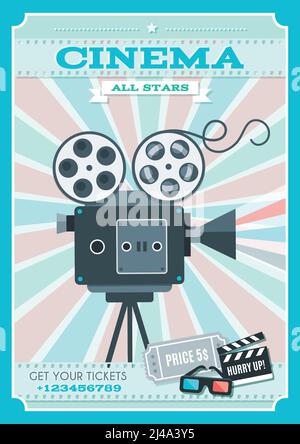 Cinema retro style poster with projector in center on background of alternating pink blue rays vector illustration Stock Vector