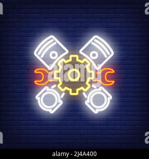 Neon icon of mechanic tools and pedals. Car details, gear, wrench. Car repair concept. Can be used for maintenance, service, garage Stock Vector