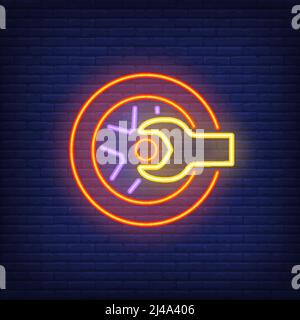 Neon icon of tire shop. Wrench, wheel, fitting station. Car service concept. Can be used for maintenance, garage, repair center Stock Vector