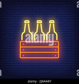 Neon icon of box with bottles. Beer, cold drink, alcoholic beverage. Bar or pub concept. Can be used for signs, billboards, banners Stock Vector