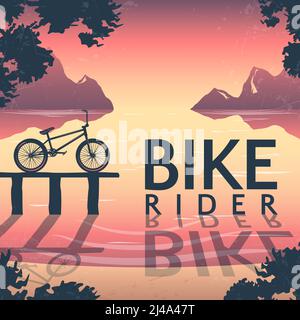 BMX bike riding poster with bicycle on pedestal and inscription over mountain lake at sunset vector illustration Stock Vector