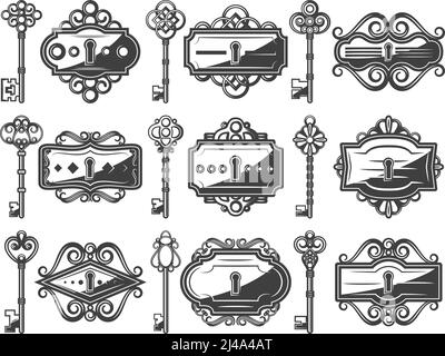 Antique metal keyholes set with ornamental old keys in vintage style isolated vector illustration Stock Vector