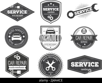 Auto service black white emblems with car steering wheel wrench gears key stars isolated vector illustration Stock Vector
