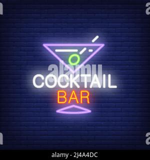 Neon icon of cocktail bar. Glass, vermouth, olive martini. Alcoholic beverage concept. Can be used for signs, billboards, banners Stock Vector