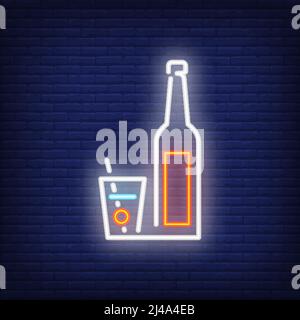 Neon icon of cocktail glass and bottle. Alcoholic beverage, rum, shot. Bar concept. Can be used for signs, billboards, banners Stock Vector
