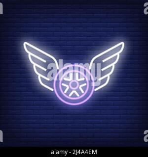 Neon icon of flying wheel. Tire shop, fitting, wings. Car service concept. Can be used for maintenance, garage, repair center Stock Vector