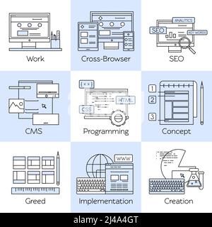 Web design line white icon set with descriptions of work cross browser seo cms programming concept vector illustration Stock Vector