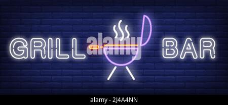 Grill bar neon style banner. Text and barbecue grill on brick background. Night bright advertisement. Can be used for signs, posters, billboards Stock Vector