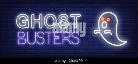 Ghost busters neon style banner. Text and ghost with red eyes on brick background. Night bright advertisement. Can be used for signs, posters, billboa Stock Vector