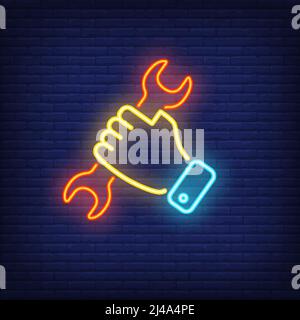Hand holding wrench. Neon sign element. Labor day concept. Vector illustration for repairing, technical support, car service Stock Vector
