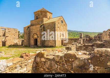 Ruins of Panagia tou Sinti ortodox Monastery with temple in the center, Cyprus Stock Photo