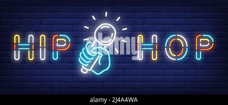 Hip hop neon style banner. Text and hand holding microphone on brick background. Night bright advertisement. Can be used for signs, posters, billboard Stock Vector