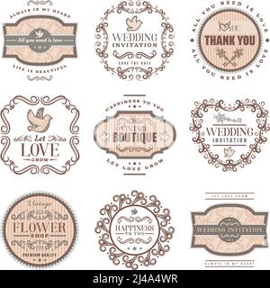 Vintage romantic labels set with wedding invitation love amorous inscriptions pigeon ornamental frames and vignettes isolated vector illustration Stock Vector